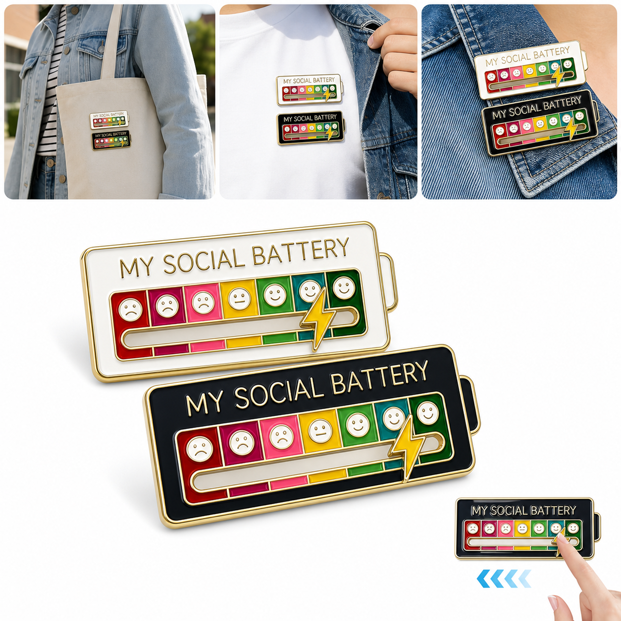 2 Pack Social Battery Slider Pin - Interactive Mood Pin for Introverts, Funny Social Battery Creative Badge for Jackets & Backpacks - Novelty Accessories & Cute Gifts for Friends, Her