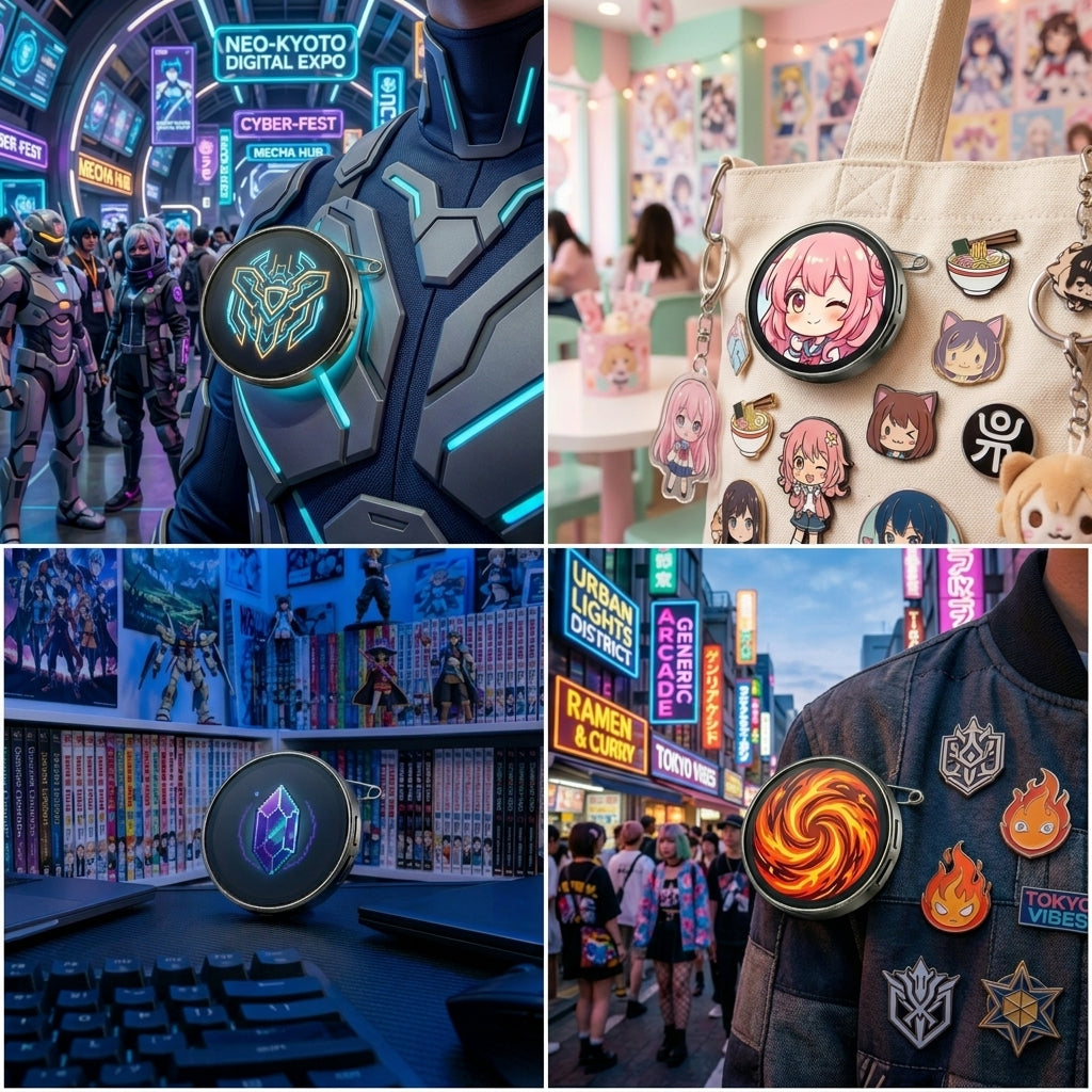 Smart Digital Badge, 1.8" Touchscreen Wearable Display for Photos, GIFs & Videos, App Customizable Anime/K-Pop Pin for Bags, Outfits & Events